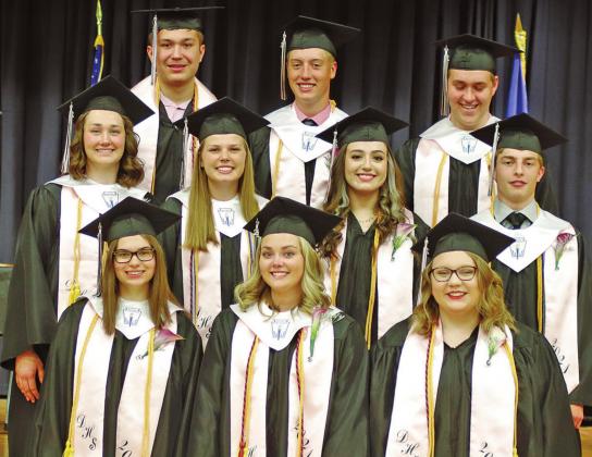Drayton High School Graduating class of 2021. Pictured from left to right front row: Victoria Stevens, Aliyah Bartels, and Emma Barta. Middle row: Madison Hermanson, Kasey Stegman, Leslie Pena, and Samuel Johnson. Back row: Gage Pollesta, Damian Pokrzywiniski, and Noah Hanson. VNV Photo by Lyle Van Camp