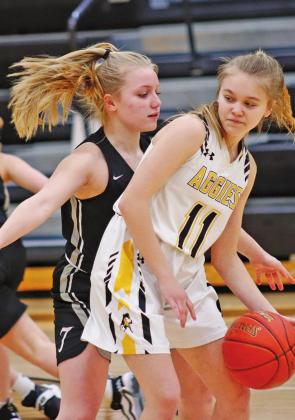 Reese Fering guards Aggie Emma Markusen as she tries to advance the ball down the court during the Region II play in game in Park River Saturday night. VNV Photo By Lesa Van Camp